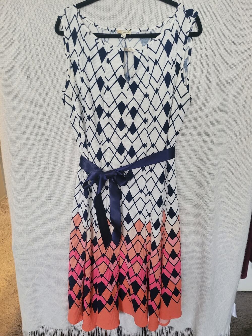 Midi Dress Sleeveless Geometric Tie Waist Pink Ombre Hem XL